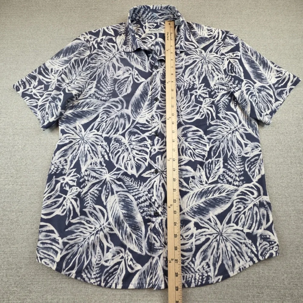 Tommy Bahama Blue Hawaiian Shirt Mens Medium Leaves Aloha Beach Tropical Stretch - Picture 10 of 10